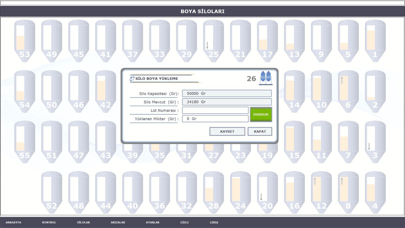 Toz boya siloları SCADA ekranı ve silo boya yükleme